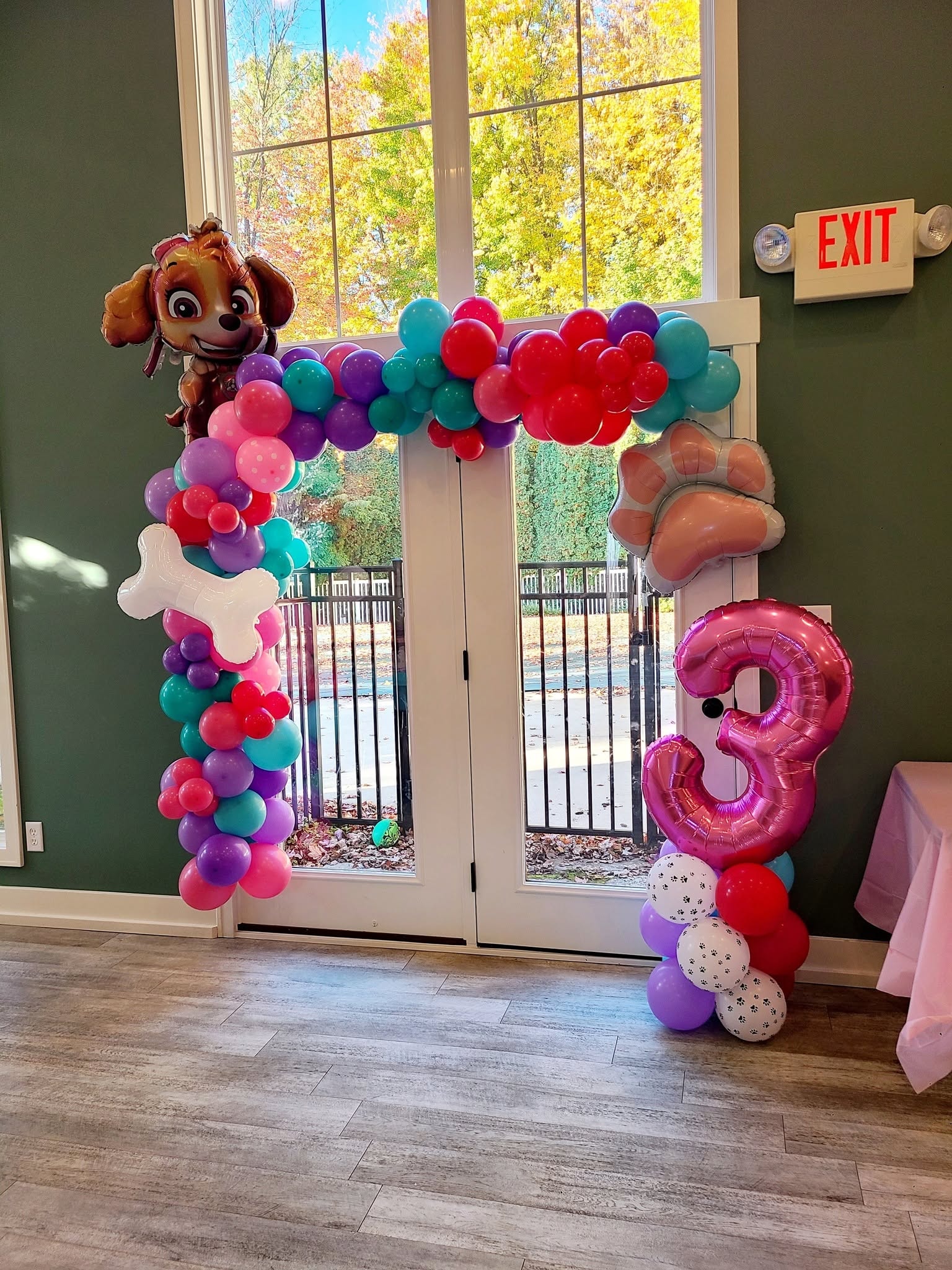 Paw Patrol themed balloon arch with character foils and number 3